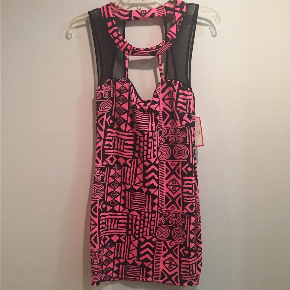 Pink and black tribal print mini dress